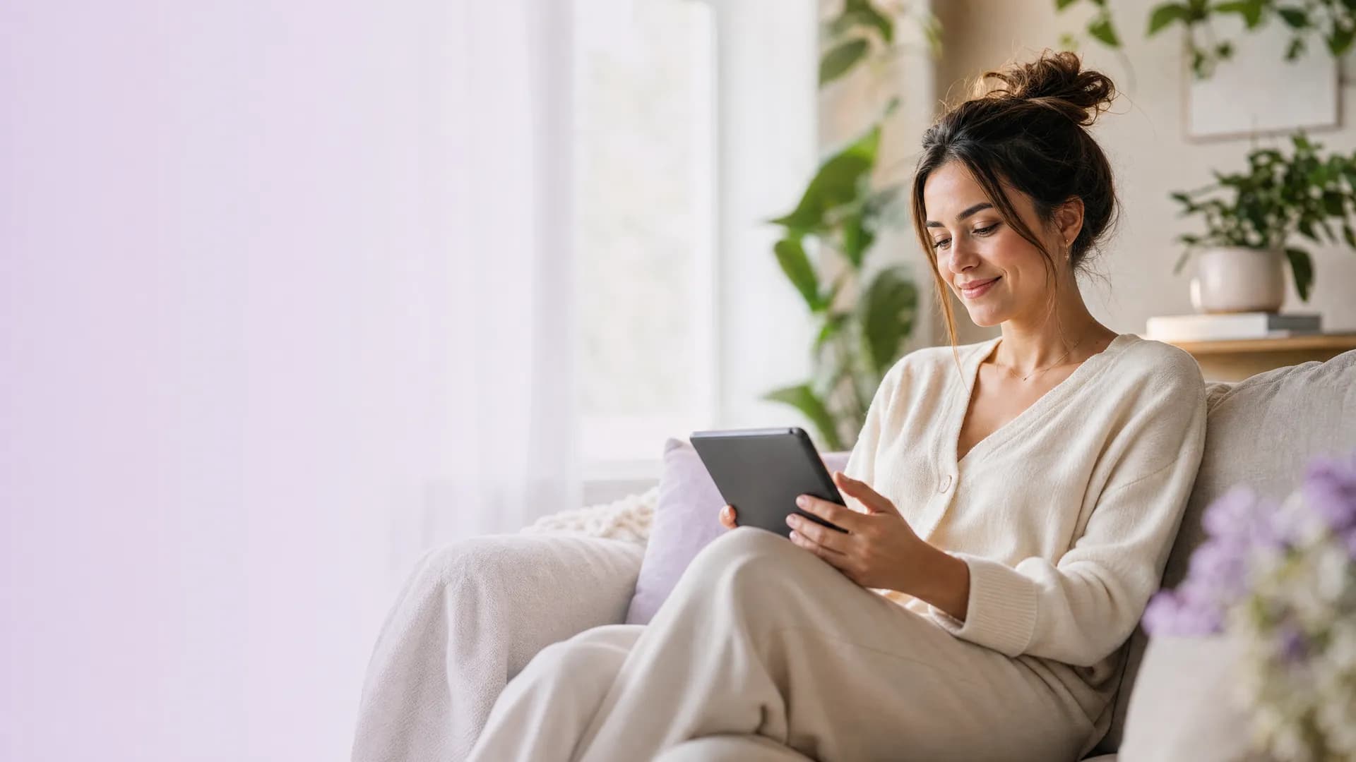 Woman using a tablet for an AI wellbeing session with Talk2Sofia, feeling calm and supported at home