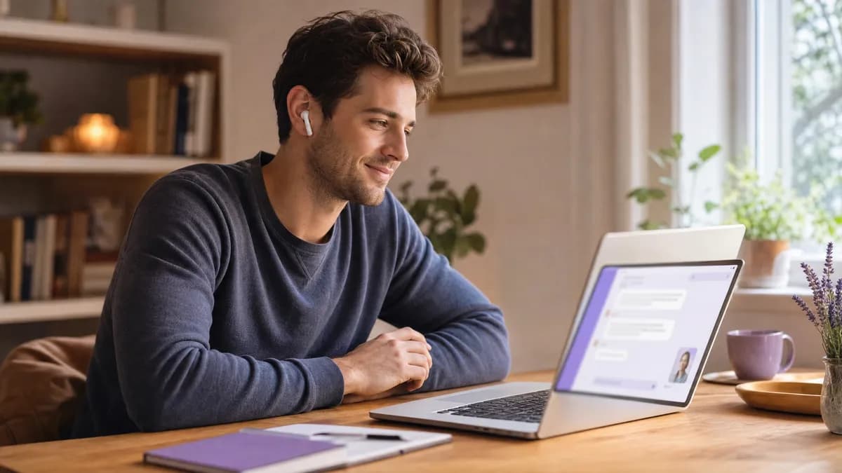 Man having an online AI therapy chat session on a laptop, smiling with relief and connection